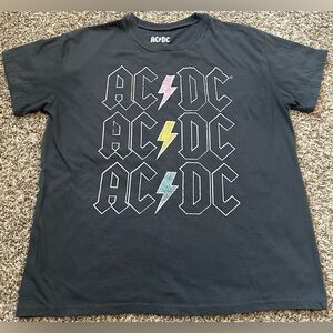 AC/DC Black Short Sleeve Tee with Pink, Yellow & Blue Lightning Bolts